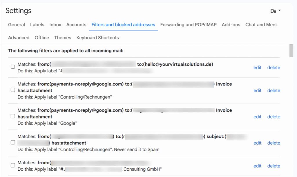 Gmail Filter Einstellungen für automatische E-Mail Kategorisierung und Ablage.